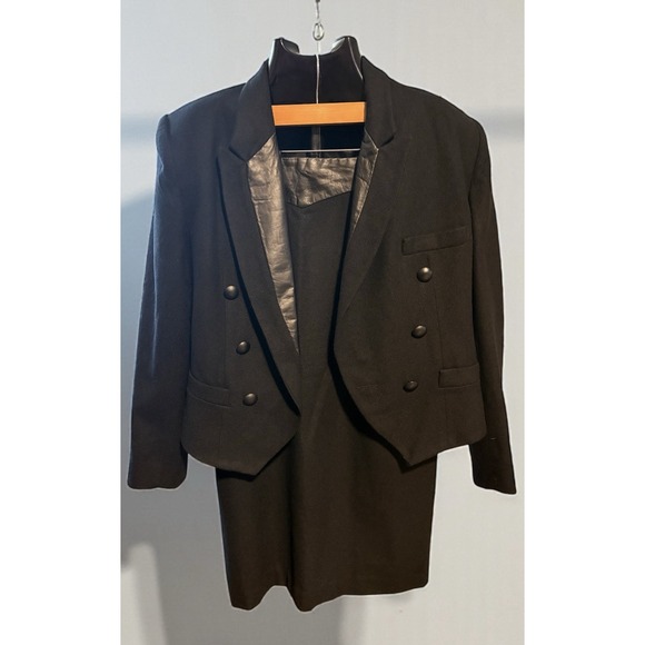 RAFAEL Jackets & Blazers - Vtg Rafael Womens 100% Wool Black Jacket Skirt Suit Set Leather Accents Sz 12